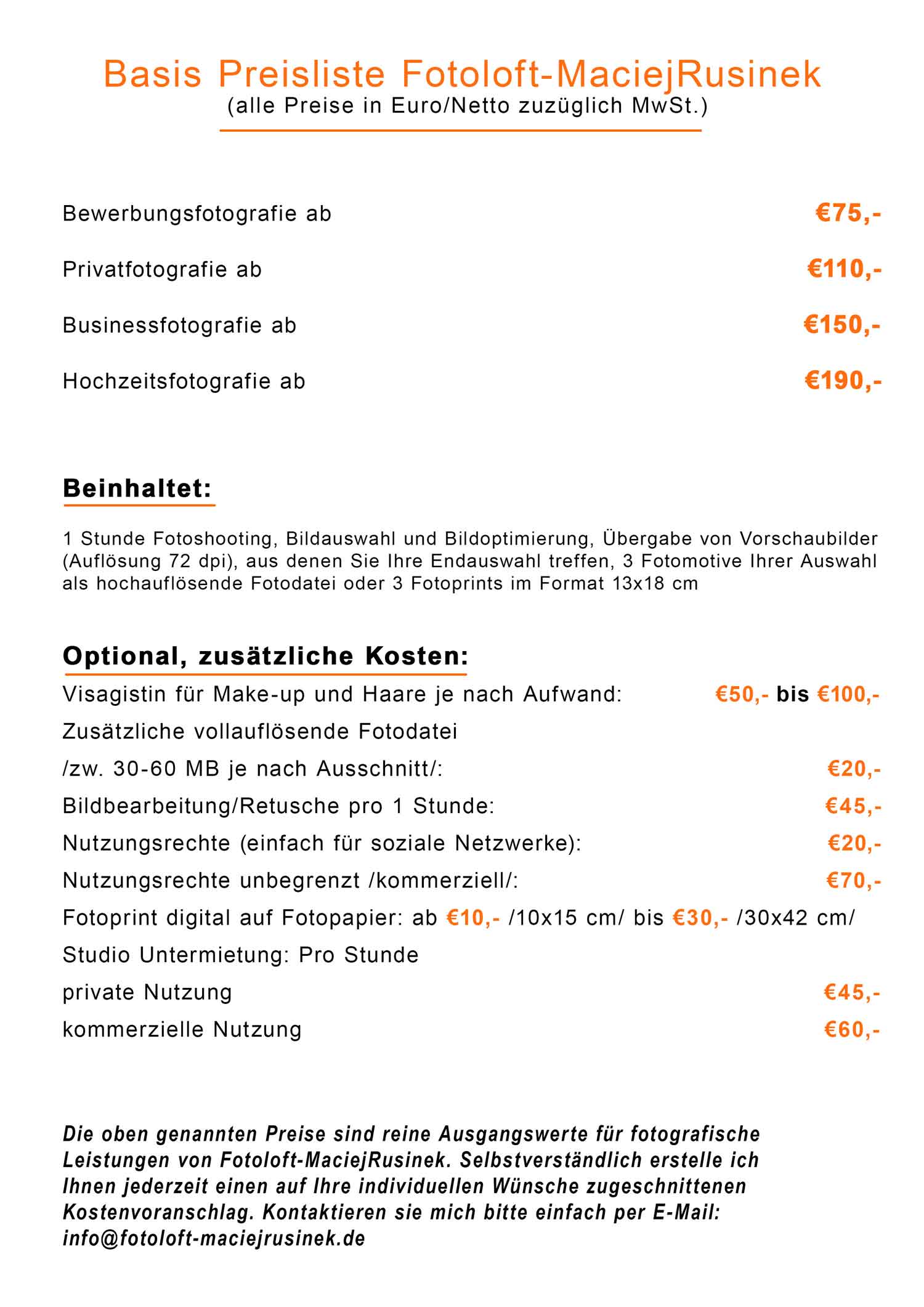 Fotoloft Maciej Rusinek - Preisliste 2021